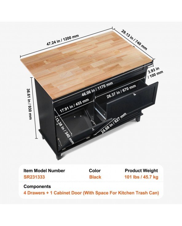 Kitchen Island Cart Breakfast Bar with Trash Cabinet Tilt Out