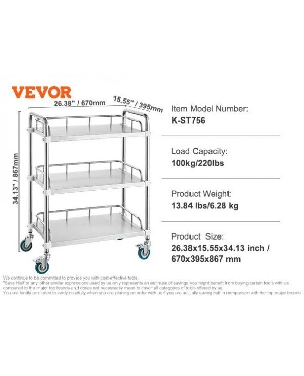 Lab Trolley 3-Layer Rolling Cart Metal Mobile Trolley 220 lbs Lab Trolley 3-Layer Rolling Cart Metal Mobile Trolley 220 lbs