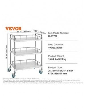 Lab Trolley 3-Layer Rolling Cart Metal Mobile Trolley 220 lbs