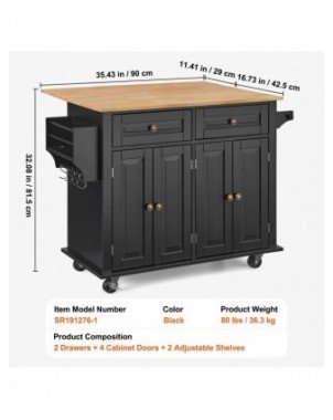 43" Kitchen Island Cart Wood Top Mobile Carts with Storage