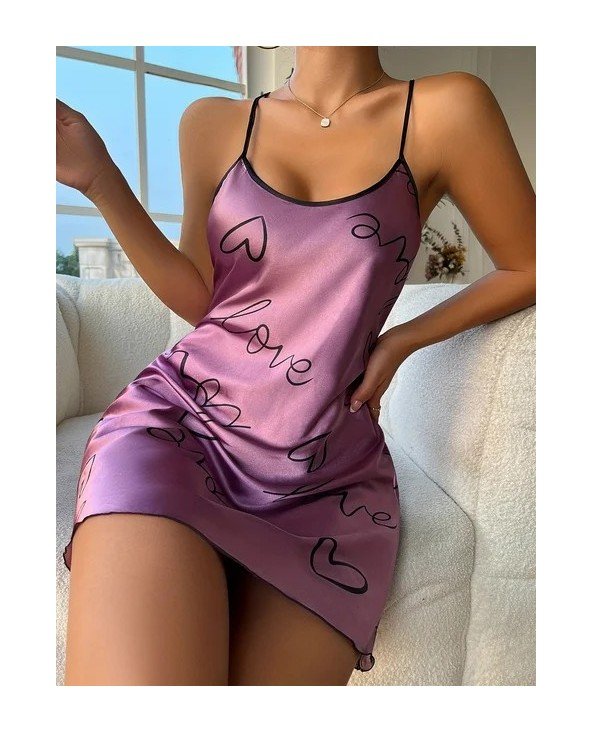 Heart Print Nightdress Elegant Scoop Neck Criss Cross Back