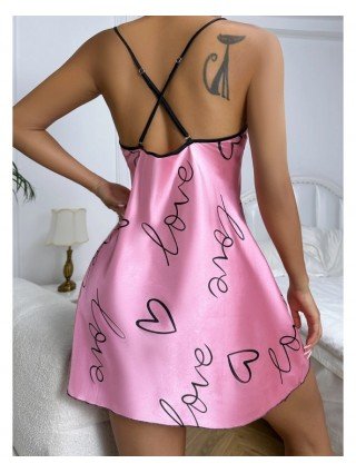 Heart Print Nightdress Elegant Scoop Neck Criss Cross Back