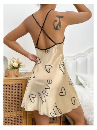 Heart Print Nightdress Elegant Scoop Neck Criss Cross Back