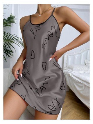 Heart Print Nightdress Elegant Scoop Neck Criss Cross Back