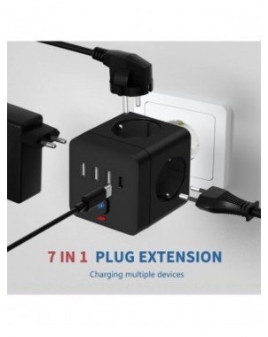 7-in-1 EU Power Strip, Power Strip Surge Protector 3 AC Outlets