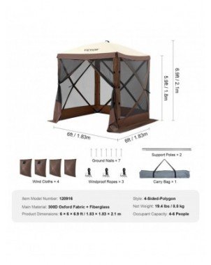 VEVOR Pop-Up Gazebo Tent Summer Screen Tent 6x6FT 4 Sided